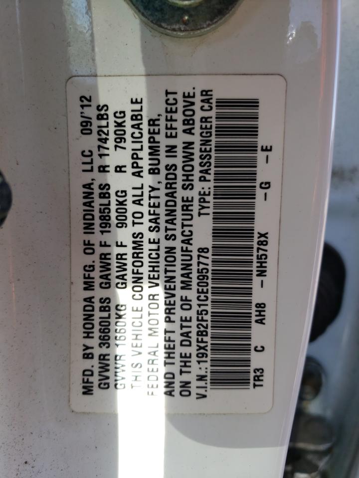 Photo 10 from auction – 2012 HONDA CIVIC LX with VIN 19XFB2F51CE095778