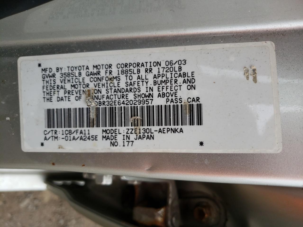 Zdjęcie 10 z aukcji – 2004 TOYOTA COROLLA CE z VIN JTDBR32E642029957