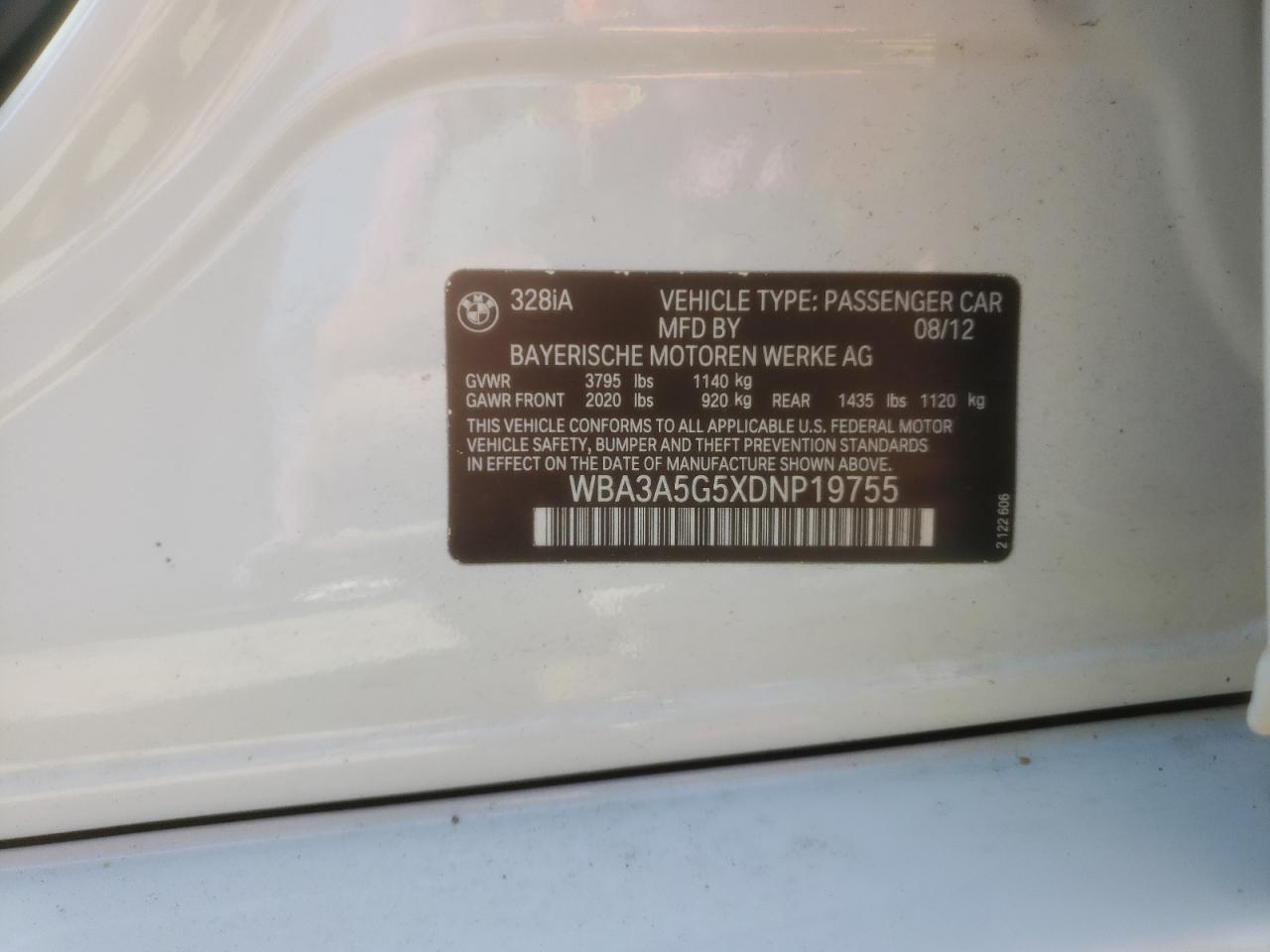 Photo 10 from auction – 2013 BMW 328 I with VIN WBA3A5G5XDNP19755