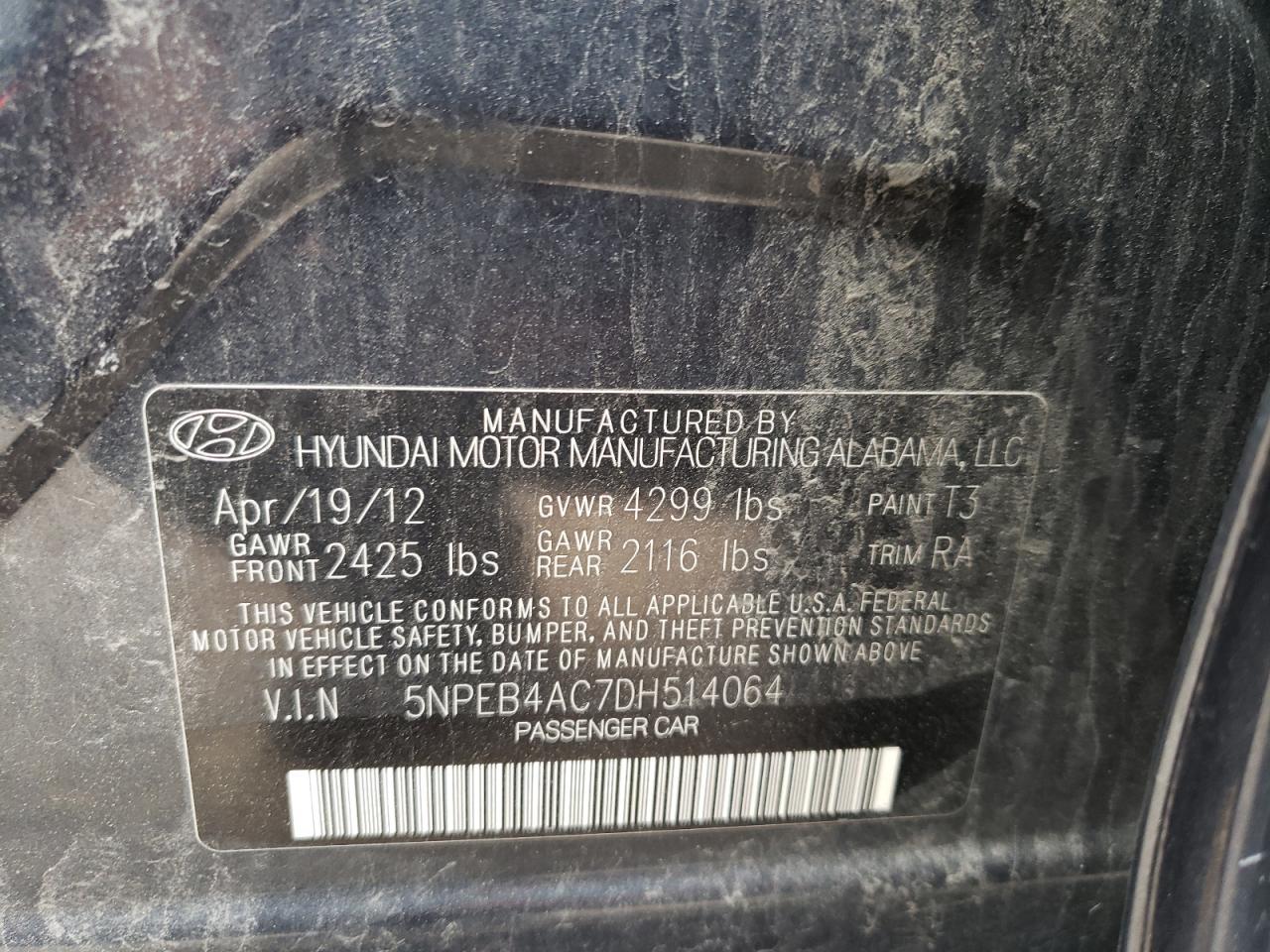 Photo 10 from auction – 2013 HYUNDAI SONATA GLS with VIN 5NPEB4AC7DH514064
