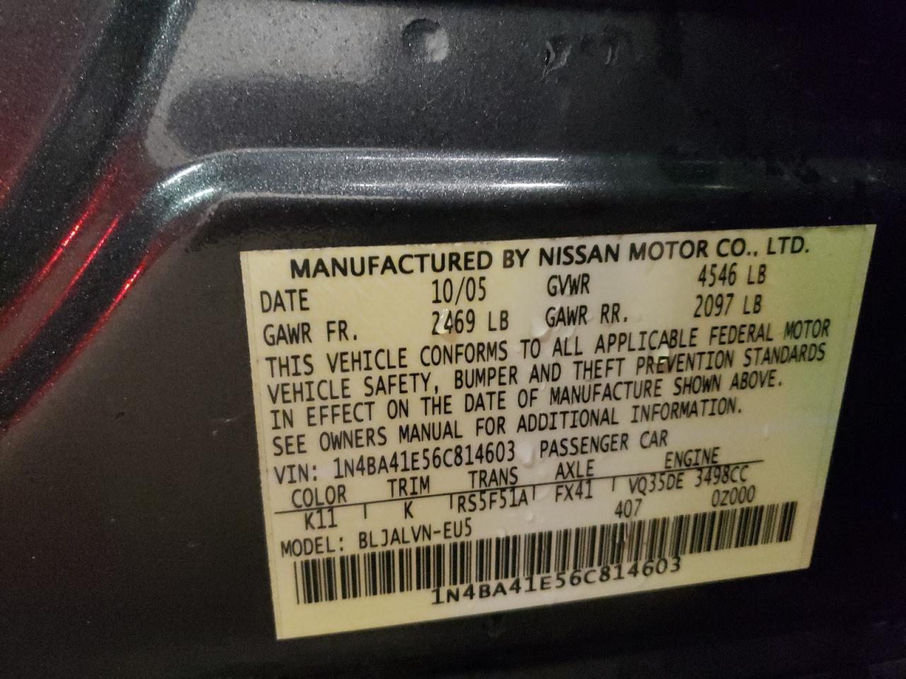 Photo 10 from auction – 2006 NISSAN MAXIMA SE with VIN 1N4BA41E56C814603