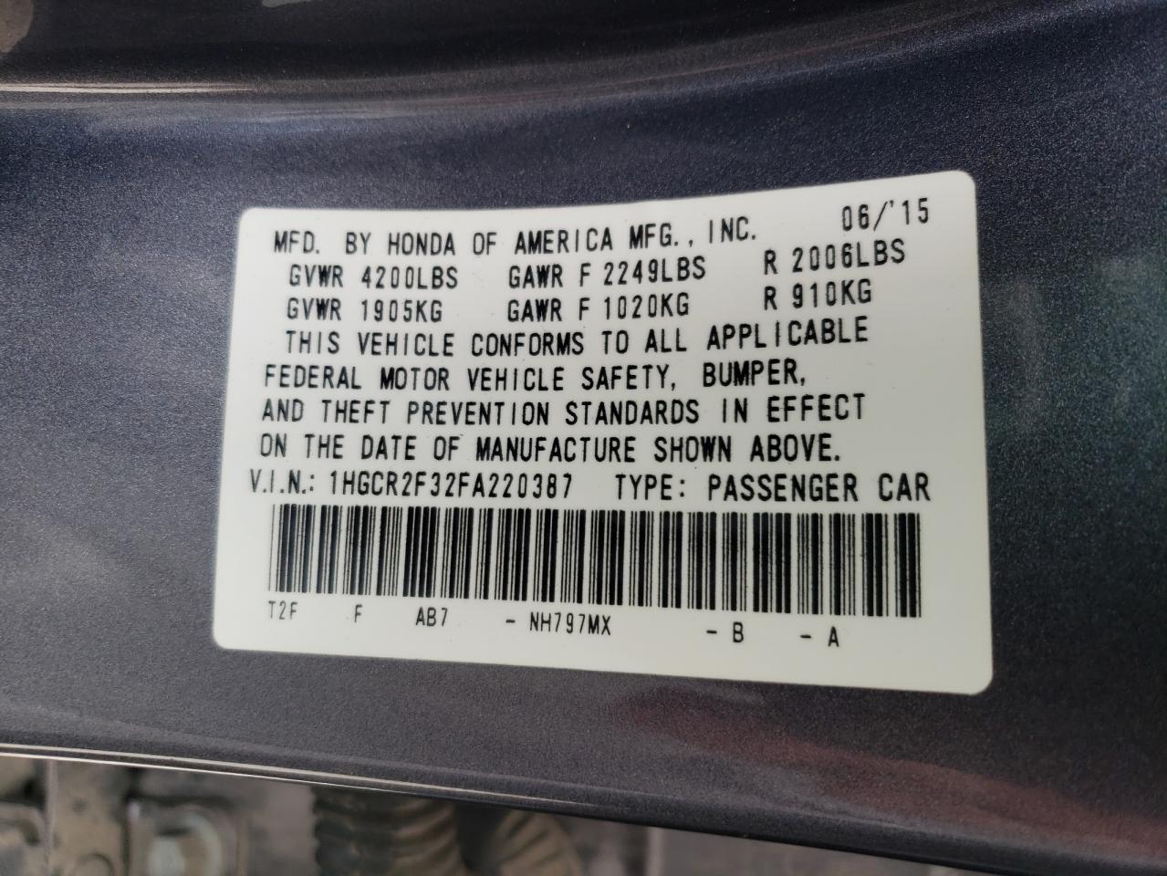 Photo 10 from auction – 2015 HONDA ACCORD LX with VIN 1HGCR2F32FA220387