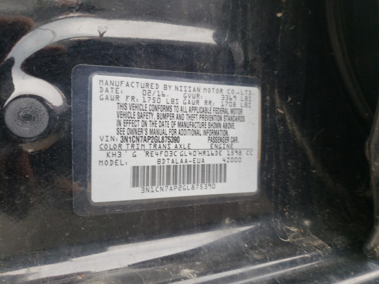 Photo 10 from auction – 2016 NISSAN VERSA S with VIN 3N1CN7AP2GL875390