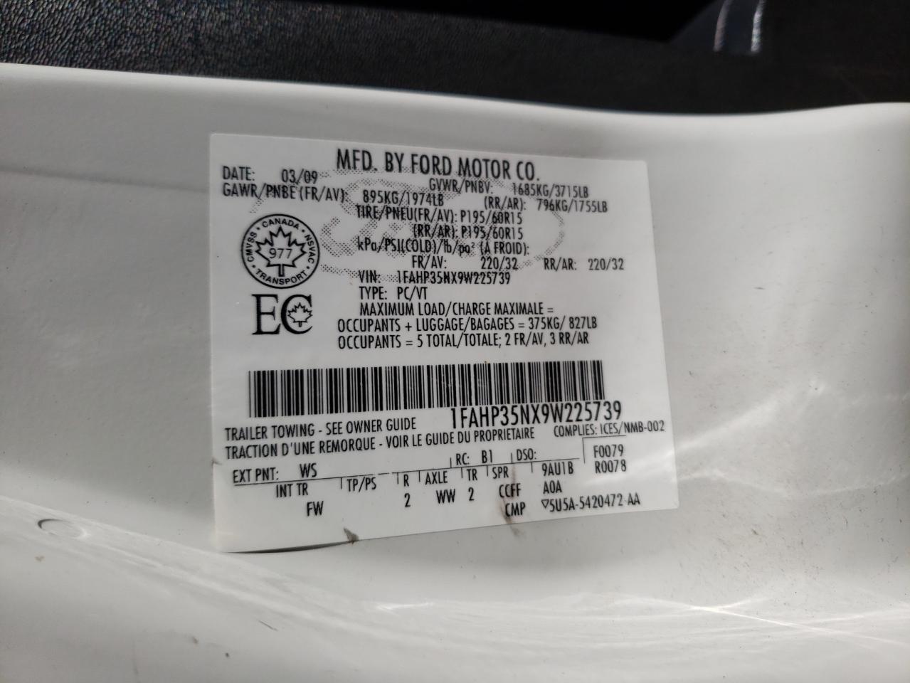 Photo 10 from auction – 2009 FORD FOCUS SE with VIN 1FAHP35NX9W225739