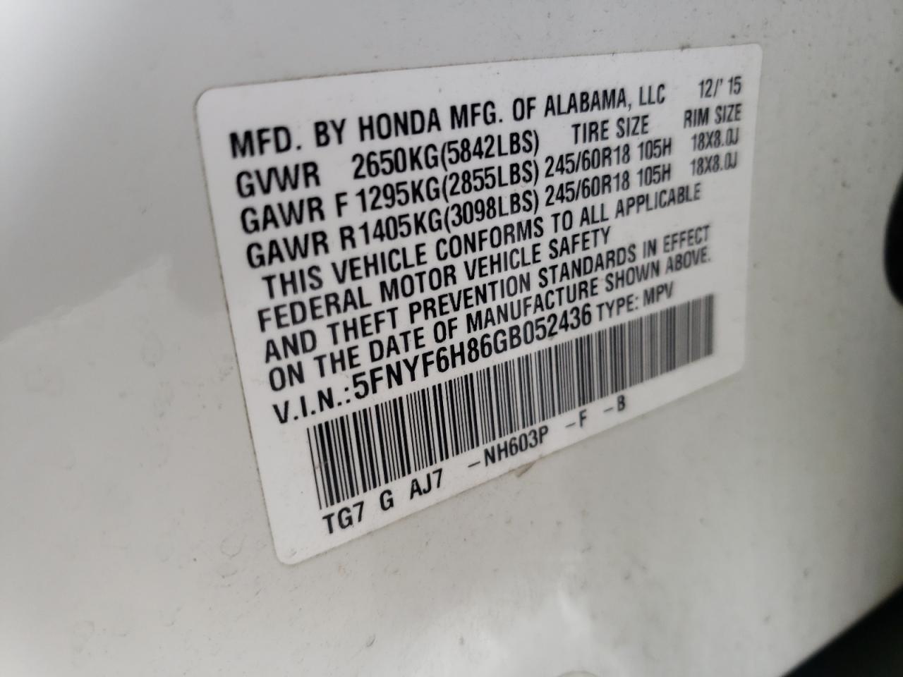 Photo 10 from auction – 2016 HONDA PILOT EXL with VIN 5FNYF6H86GB052436