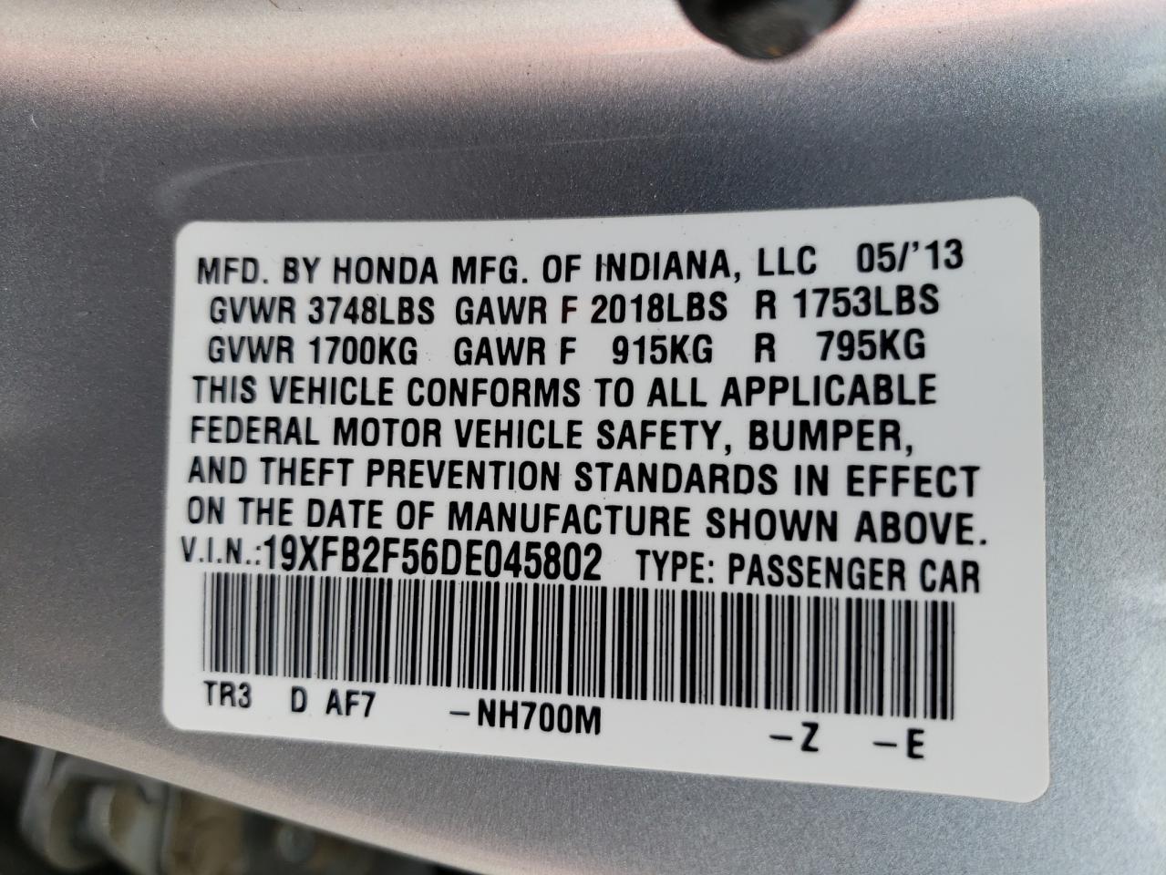 Photo 10 from auction – 2013 HONDA CIVIC LX with VIN 19XFB2F56DE045802