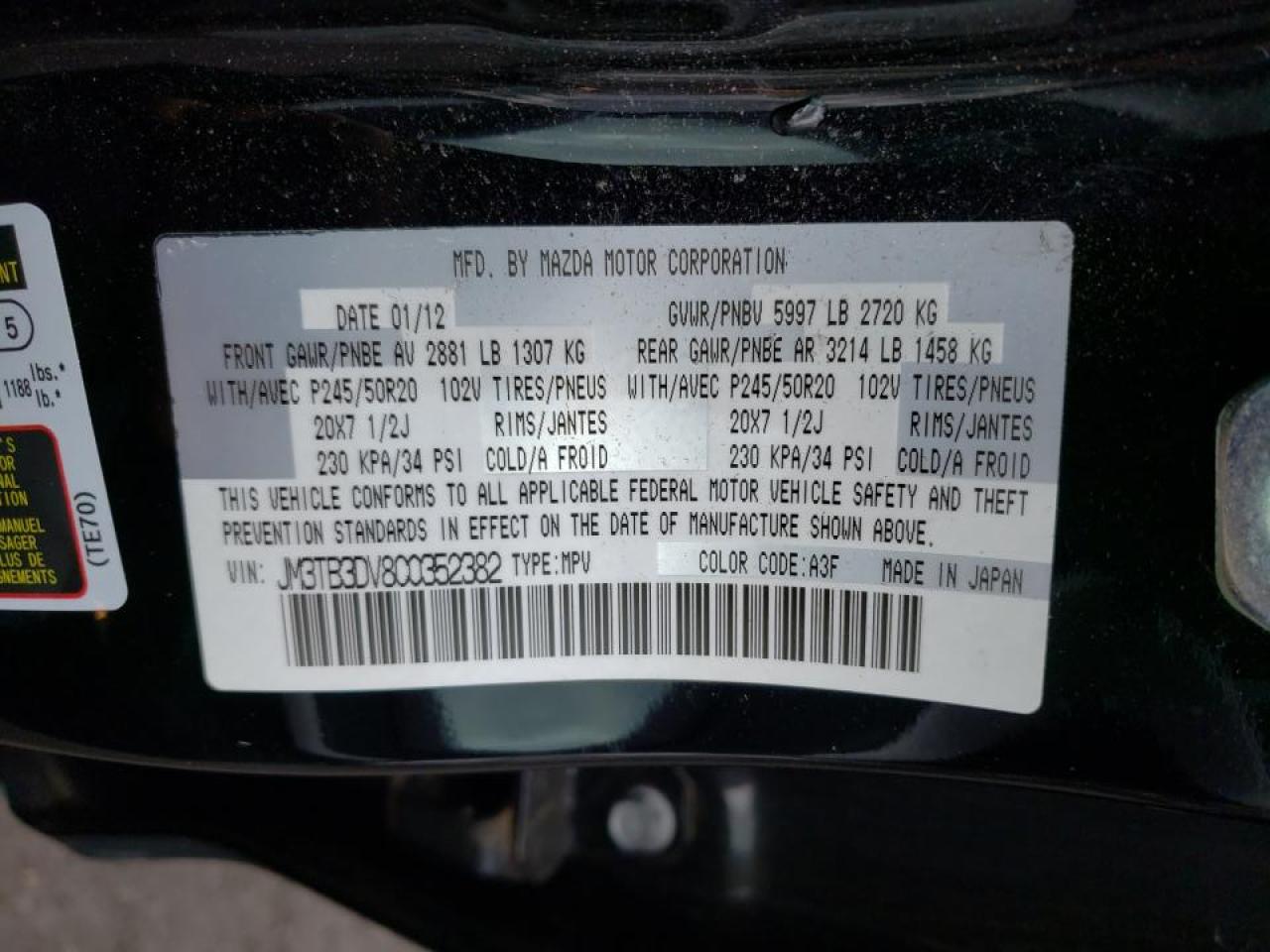 Photo 10 from auction – 2012 MAZDA CX-9 with VIN JM3TB3DV8C0352382