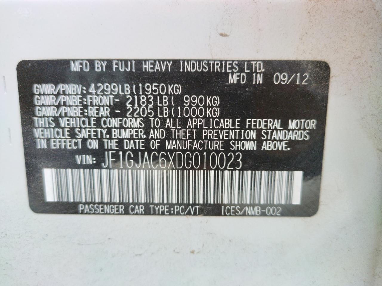 Photo 10 from auction – 2013 SUBARU IMPREZA PR with VIN JF1GJAC6XDG010023