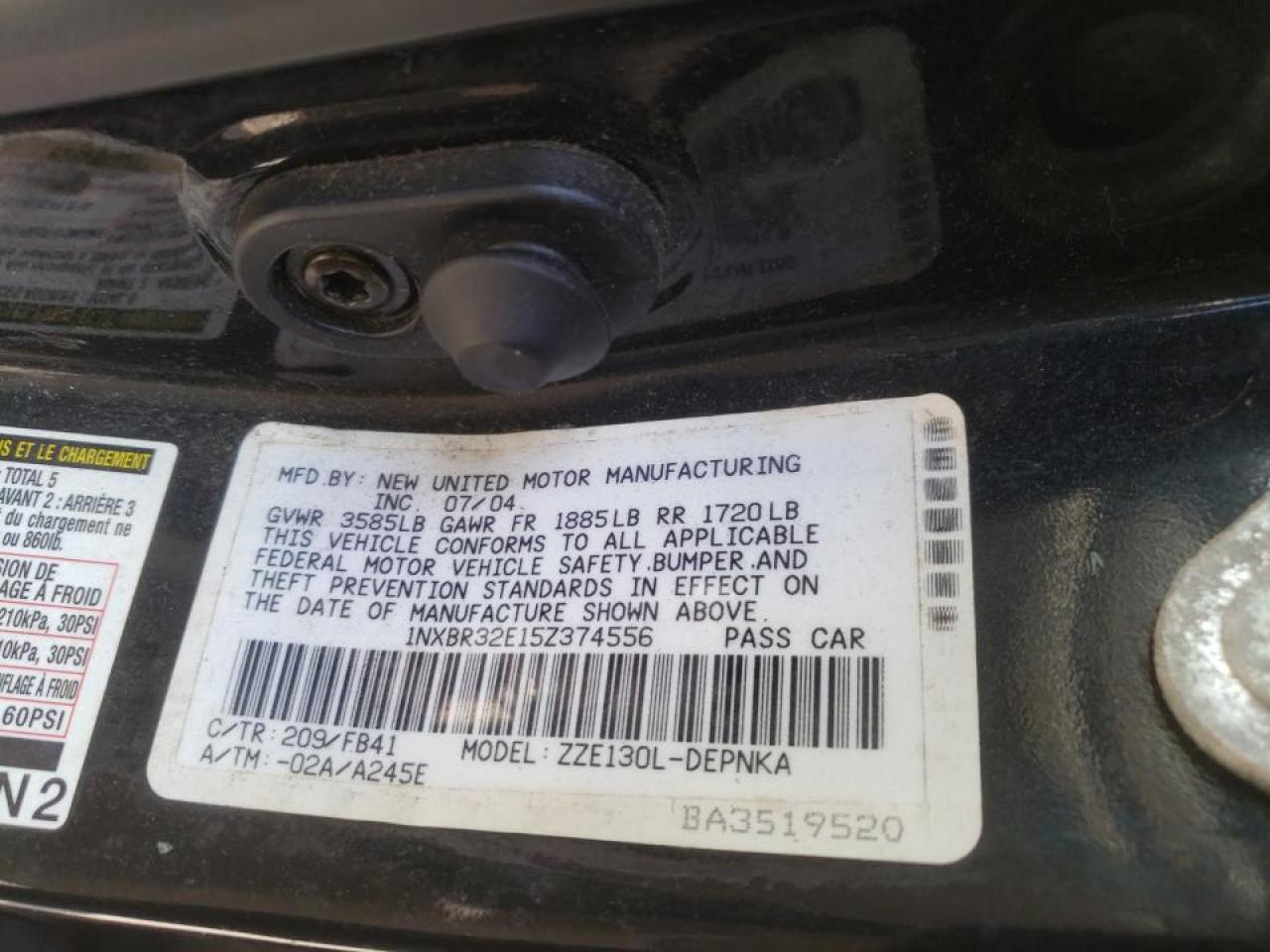 Photo 10 from auction – 2005 TOYOTA COROLLA CE with VIN 1NXBR32E15Z374556