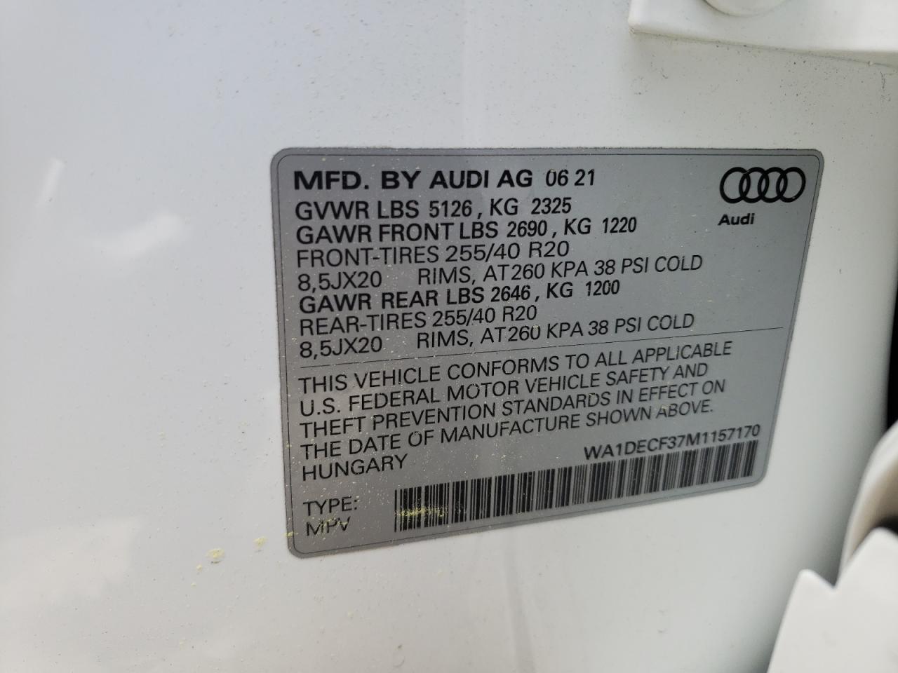Photo 10 from auction – 2021 AUDI Q3 PREMIUM with VIN WA1DECF37M1157170