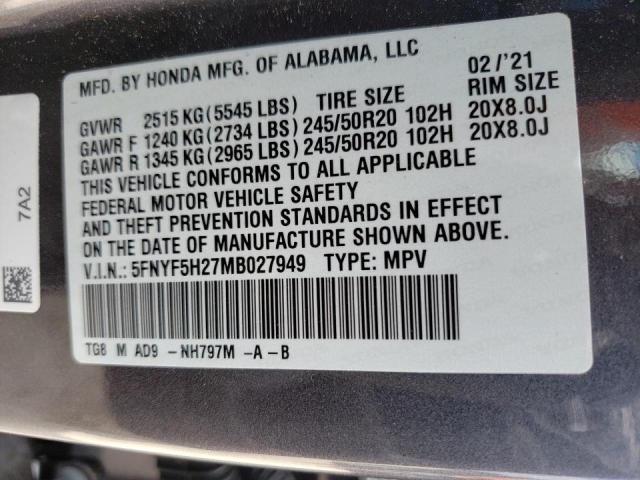 Photo 10 from auction – 2021 HONDA PILOT SE with VIN 5FNYF5H27MB027949