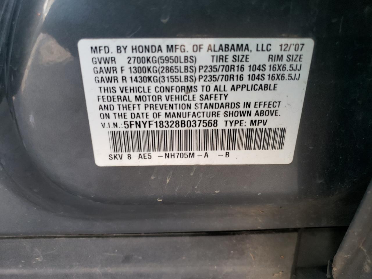 Photo 10 from auction – 2008 HONDA PILOT SE with VIN 5FNYF18328B037568