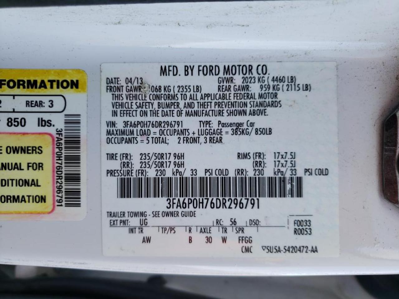 Photo 10 from auction – 2013 FORD FUSION SE with VIN 3FA6P0H76DR296791