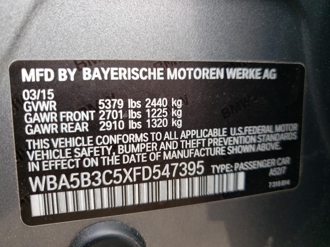 Photo 10 from auction – 2015 BMW 535 XI with VIN WBA5B3C5XFD547395