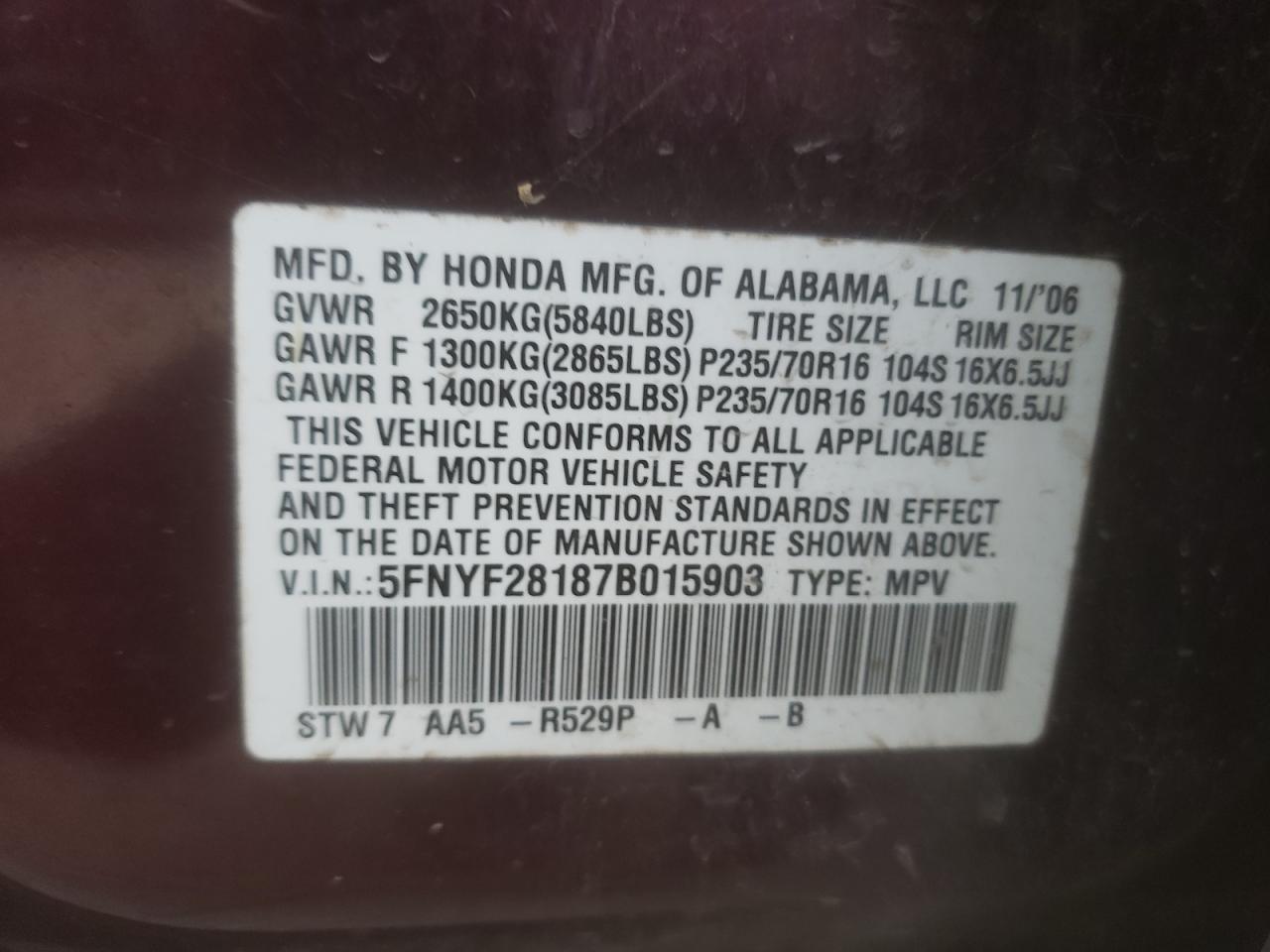 Photo 10 from auction – 2007 HONDA PILOT LX with VIN 5FNYF28187B015903