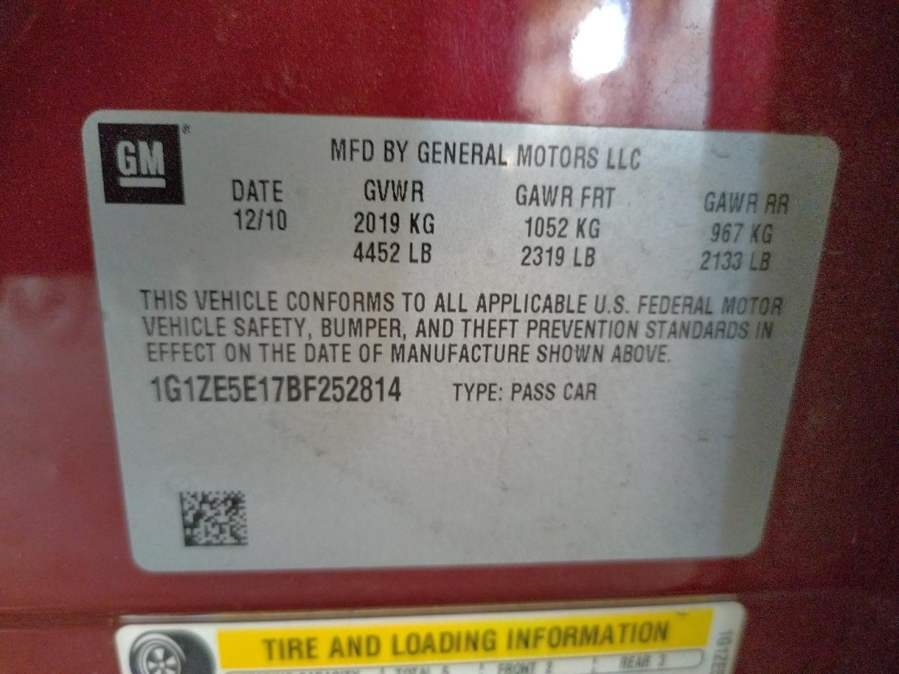 Photo 10 from auction – 2011 CHEVROLET MALIBU LTZ with VIN 1G1ZE5E17BF252814