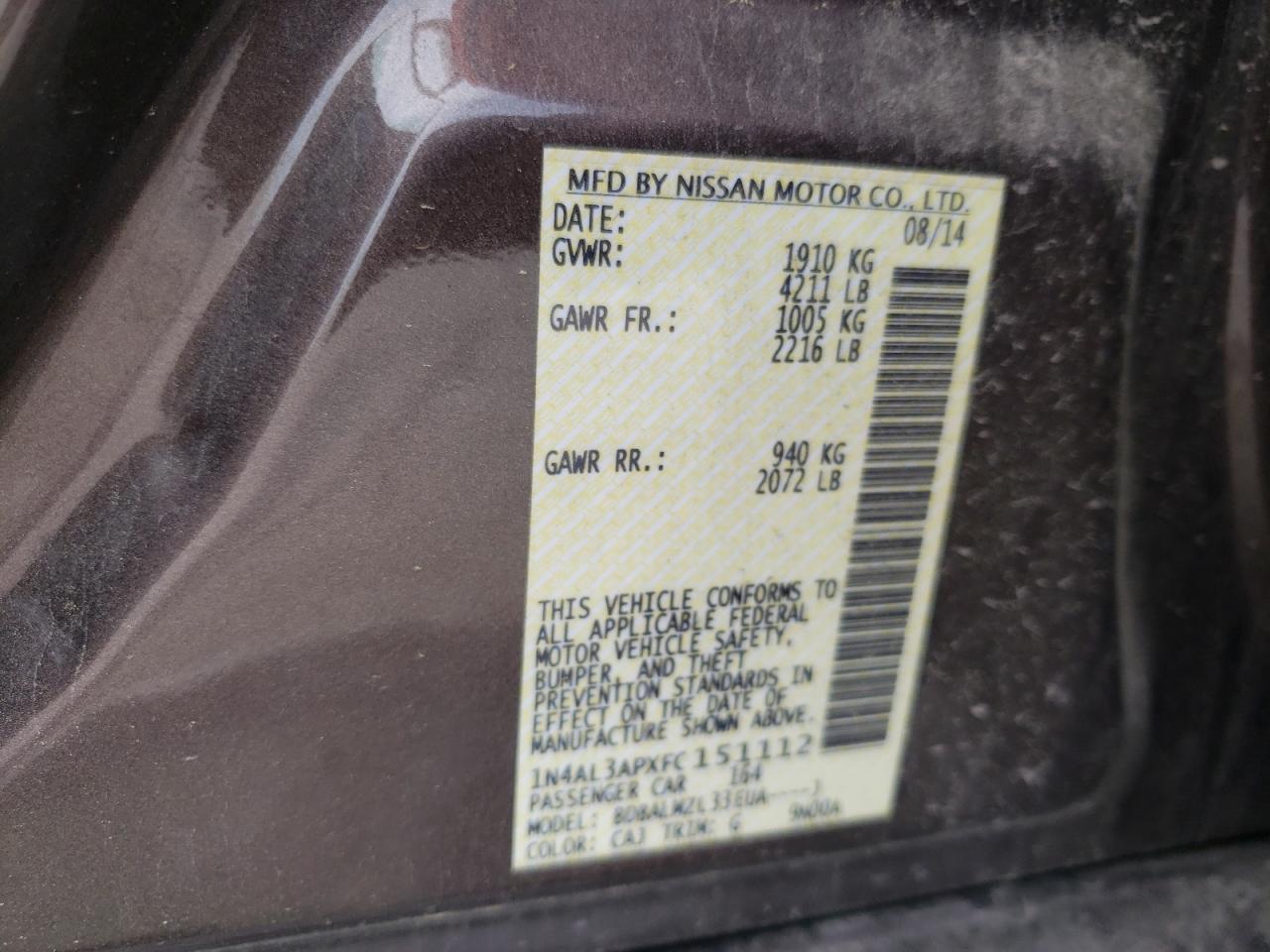 Photo 10 from auction – 2015 NISSAN ALTIMA 2.5 with VIN 1N4AL3APXFC151112