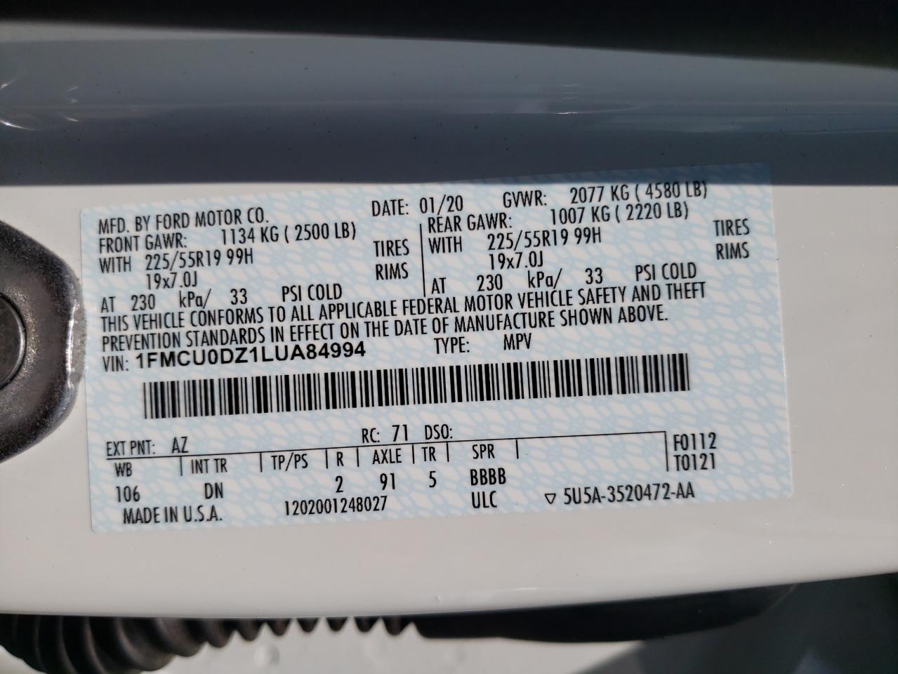 Photo 17 from auction – 2020 FORD ESCAPE TIT with VIN 1FMCU0DZ1LUA84994