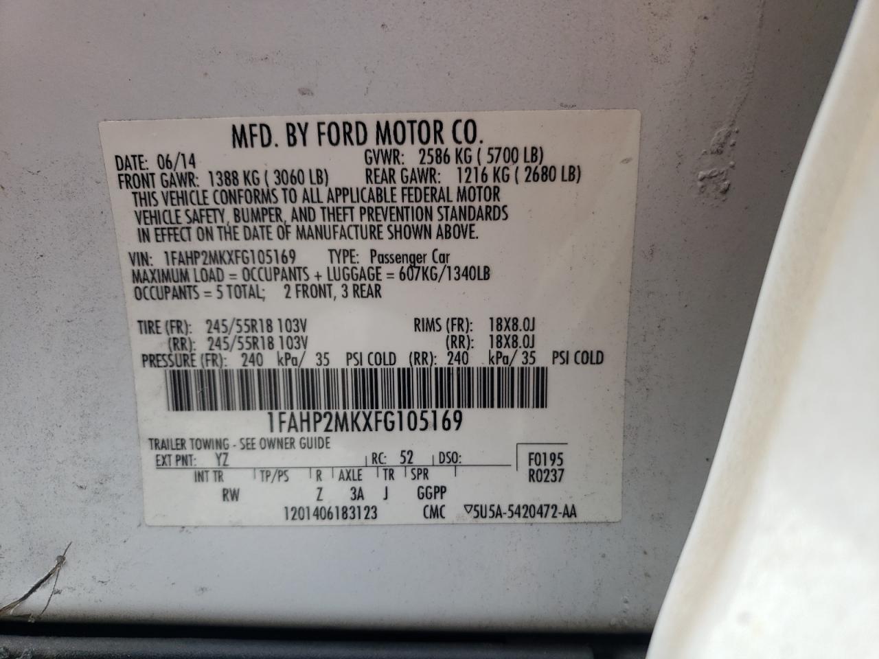 Photo 10 from auction – 2015 FORD TAURUS POL with VIN 1FAHP2MKXFG105169