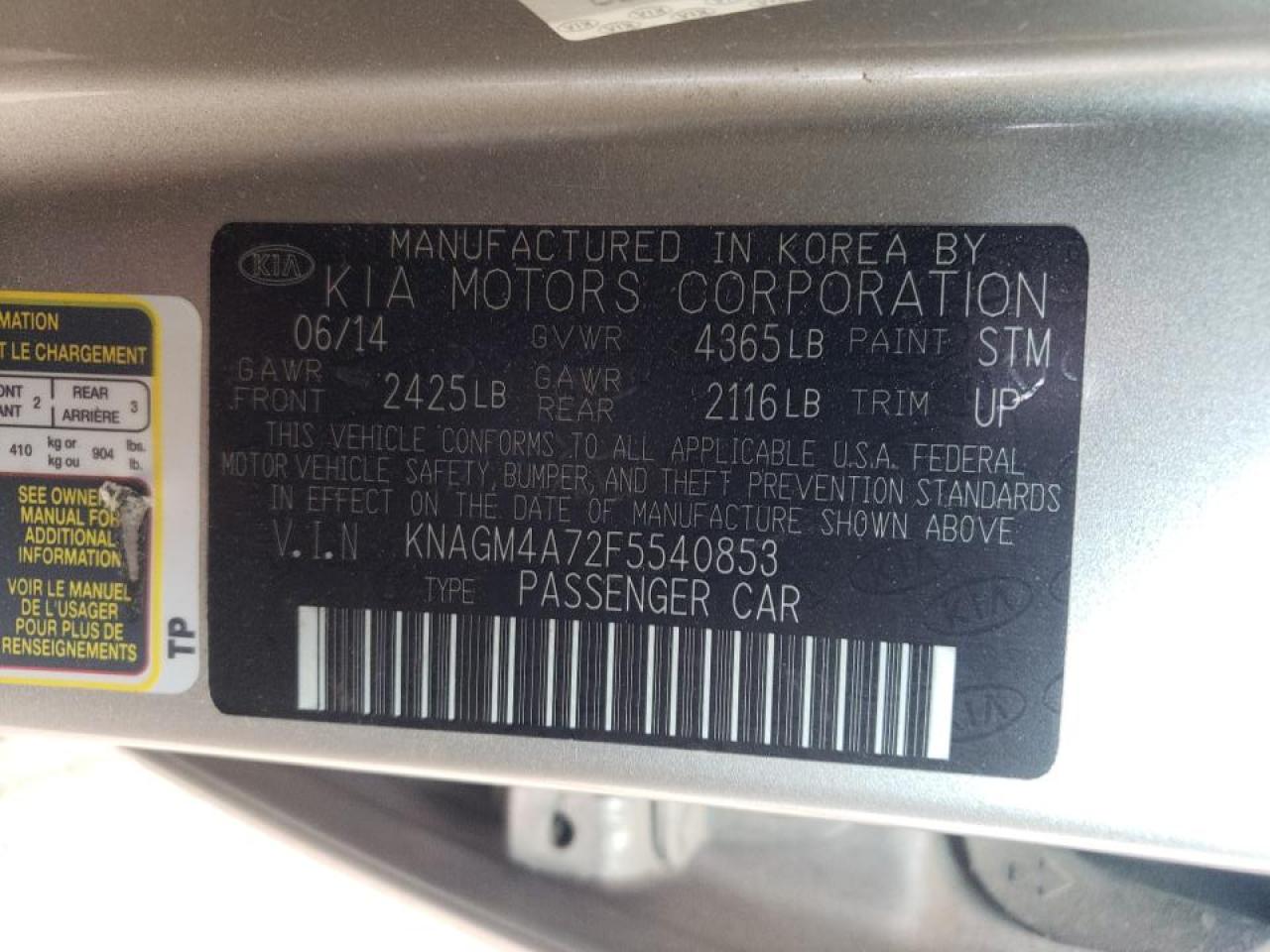 Photo 10 from auction – 2015 KIA OPTIMA LX with VIN KNAGM4A72F5540853
