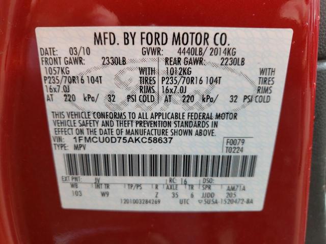 Photo 10 from auction – 2010 FORD ESCAPE XLT with VIN 1FMCU0D75AKC58637