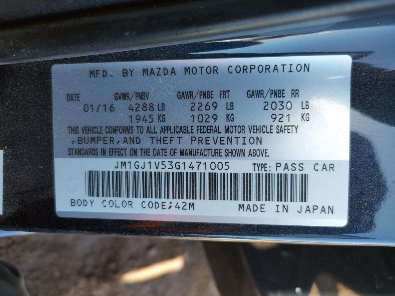 Photo 10 from auction – 2016 MAZDA 6 TOURING with VIN JM1GJ1V53G1471005