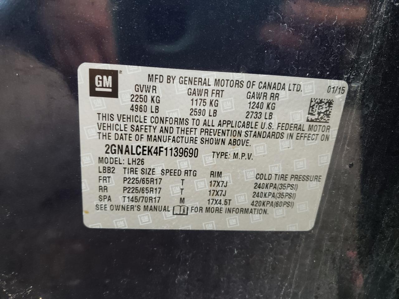 Photo 10 from auction – 2015 CHEVROLET EQUINOX LT with VIN 2GNALCEK4F1139690