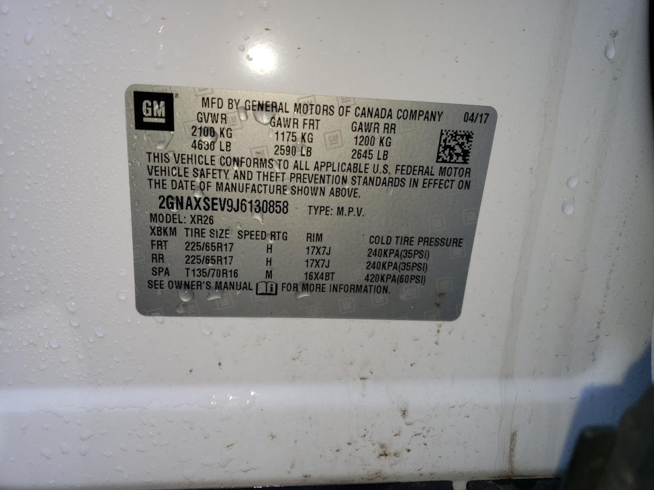 Photo 10 from auction – 2018 CHEVROLET EQUINOX LT with VIN 2GNAXSEV9J6130858