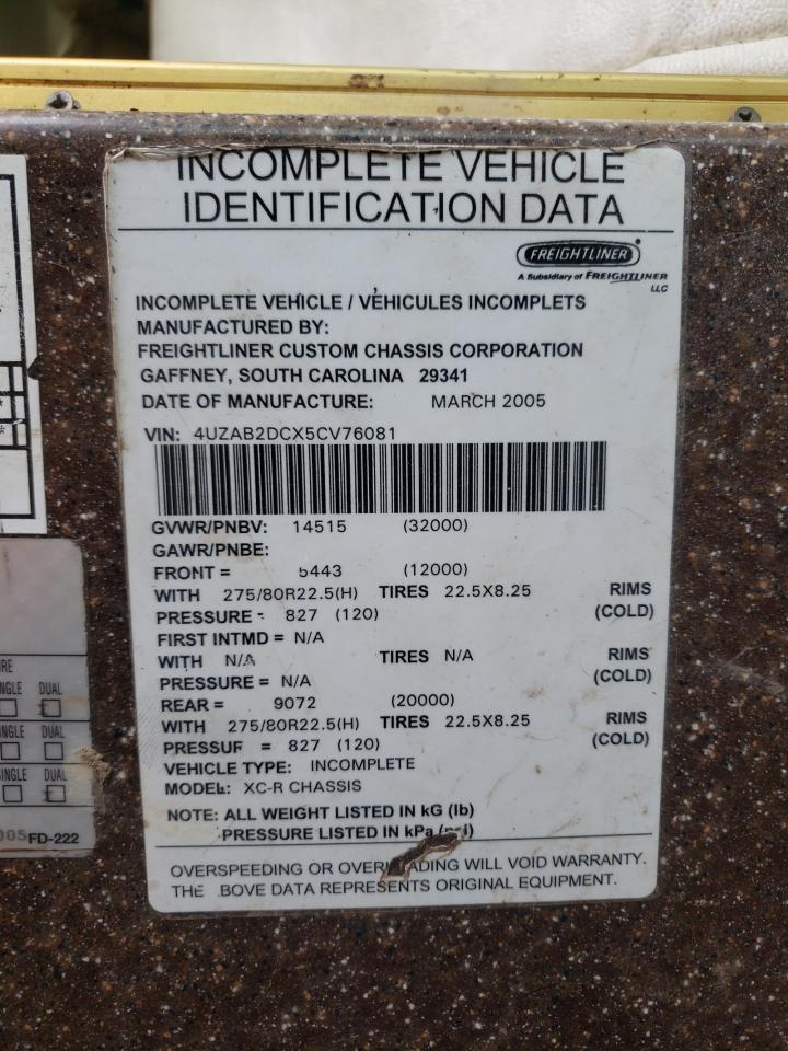 Photo 10 from auction – 2005 FREIGHTLINER CHASSIS X with VIN 4UZAB2DCX5CV76081