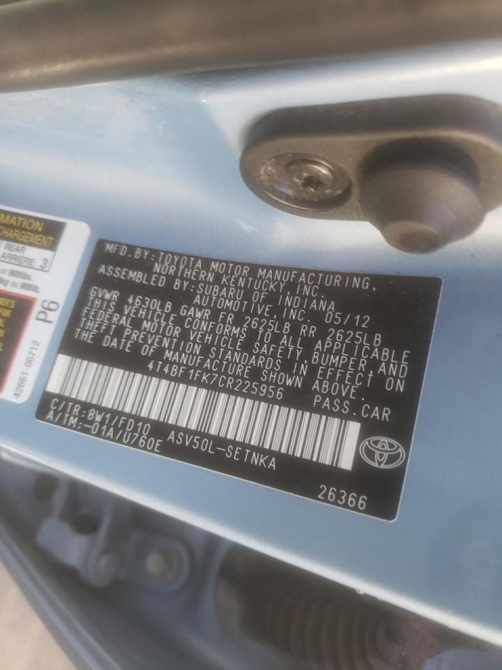 Photo 10 from auction – 2012 TOYOTA CAMRY BASE with VIN 4T4BF1FK7CR225956