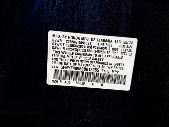 Photo 10 from auction – 2009 HONDA PILOT TOUR with VIN 5FNYF48959B013255