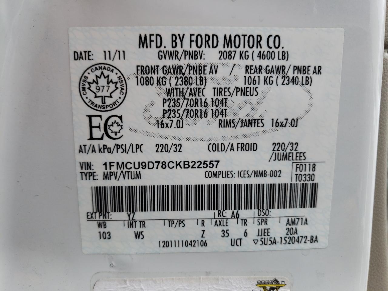 صورة رقم 10 من المزاد - 2012 FORD ESCAPE XLT مع VIN 1FMCU9D78CKB22557