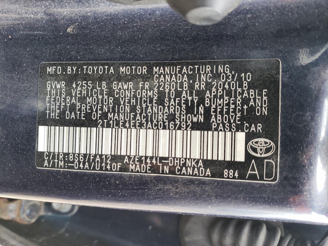 Photo 10 from auction – 2010 TOYOTA COROLLA MA with VIN 2T1LE4EE3AC016792