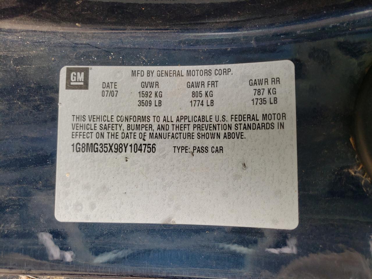 Photo 10 from auction – 2008 SATURN SKY with VIN 1G8MG35X98Y104756