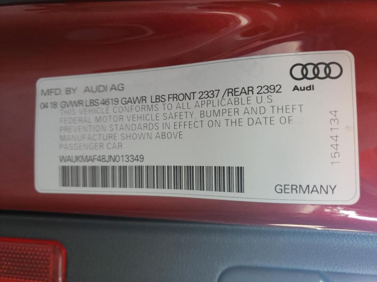 Photo 10 from auction – 2018 AUDI A4 PREMIUM with VIN WAUKMAF48JN013349