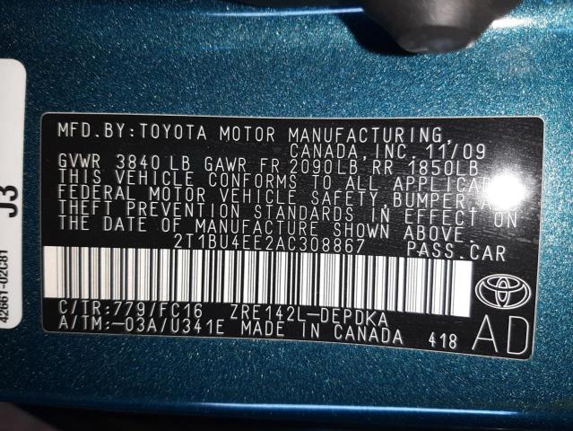 Zdjęcie 10 z aukcji – 2010 TOYOTA COROLLA BA z VIN 2T1BU4EE2AC308867