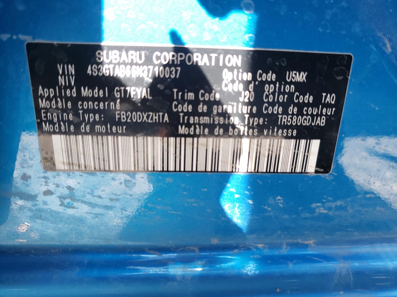 Photo 10 from auction – 2022 SUBARU IMPREZA with VIN 4S3GTAB66N3710037