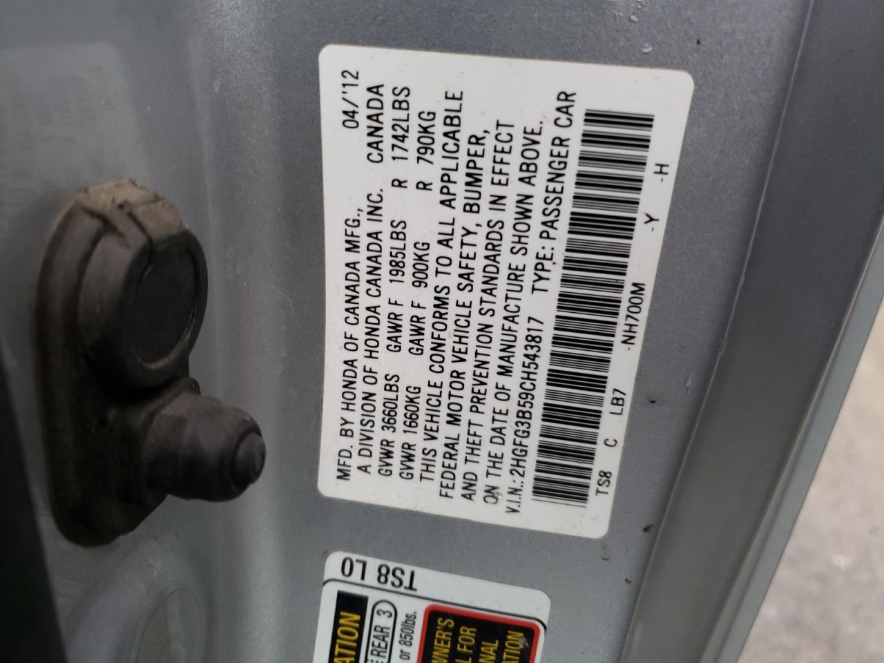 Photo 10 from auction – 2012 HONDA CIVIC LX with VIN 2HGFG3B59CH543817