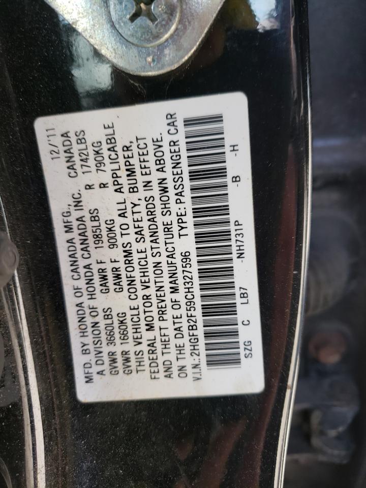 Photo 10 from auction – 2012 HONDA CIVIC LX with VIN 2HGFB2F59CH327596