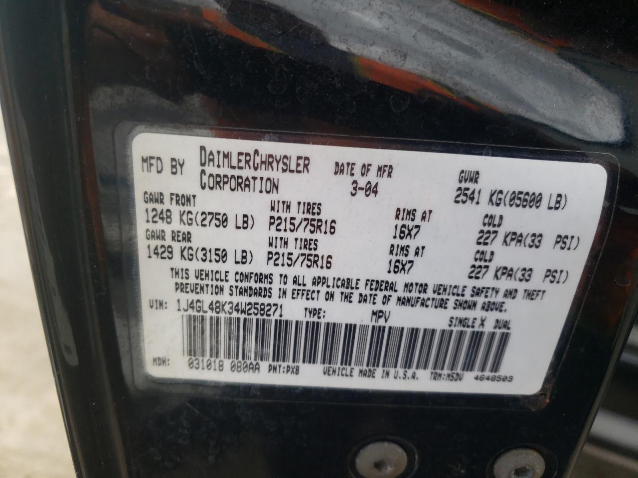 Photo 10 from auction – 2004 JEEP LIBERTY SP with VIN 1J4GL48K34W258271