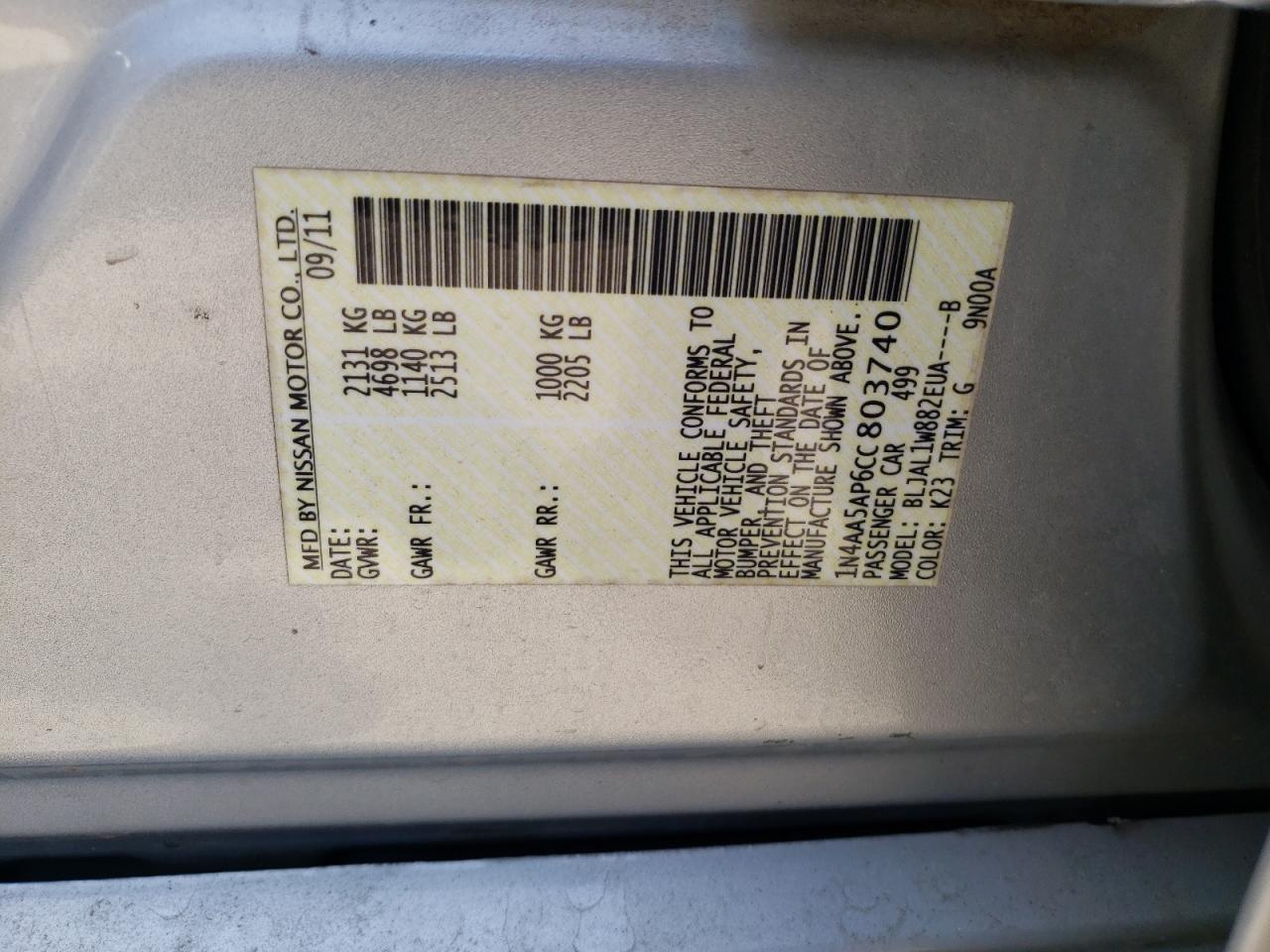 Photo 10 from auction – 2012 NISSAN MAXIMA S with VIN 1N4AA5AP6CC803740