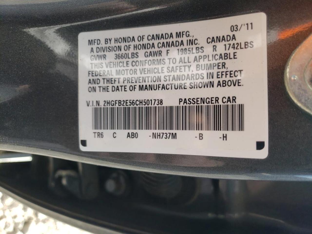 Photo 10 from auction – 2012 HONDA CIVIC LX with VIN 2HGFB2E56CH501738