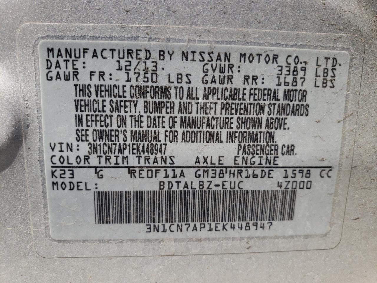 Photo 10 from auction – 2014 NISSAN VERSA S with VIN 3N1CN7AP1EK448947
