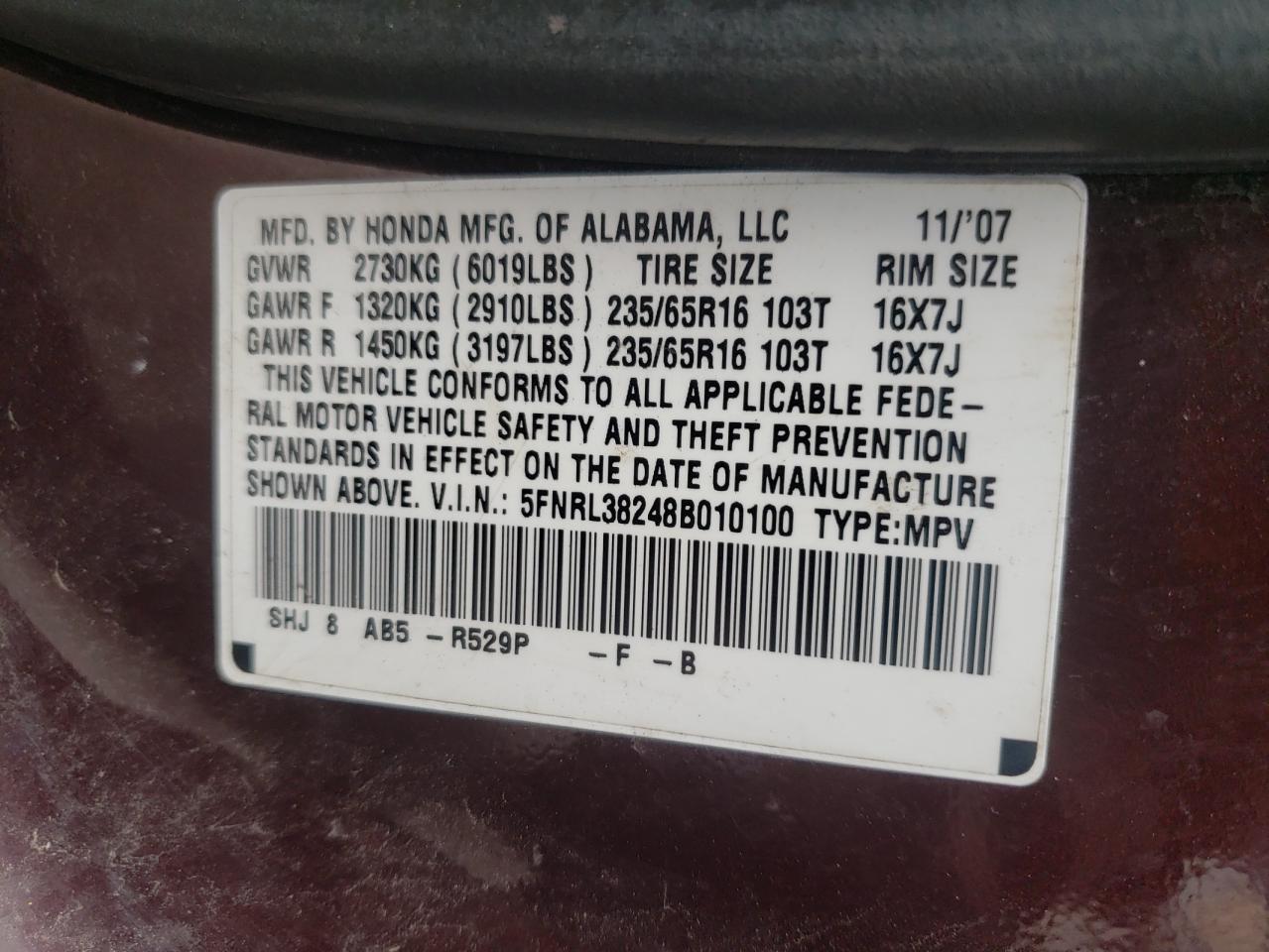 Photo 10 from auction – 2008 HONDA ODYSSEY LX with VIN 5FNRL38248B010100