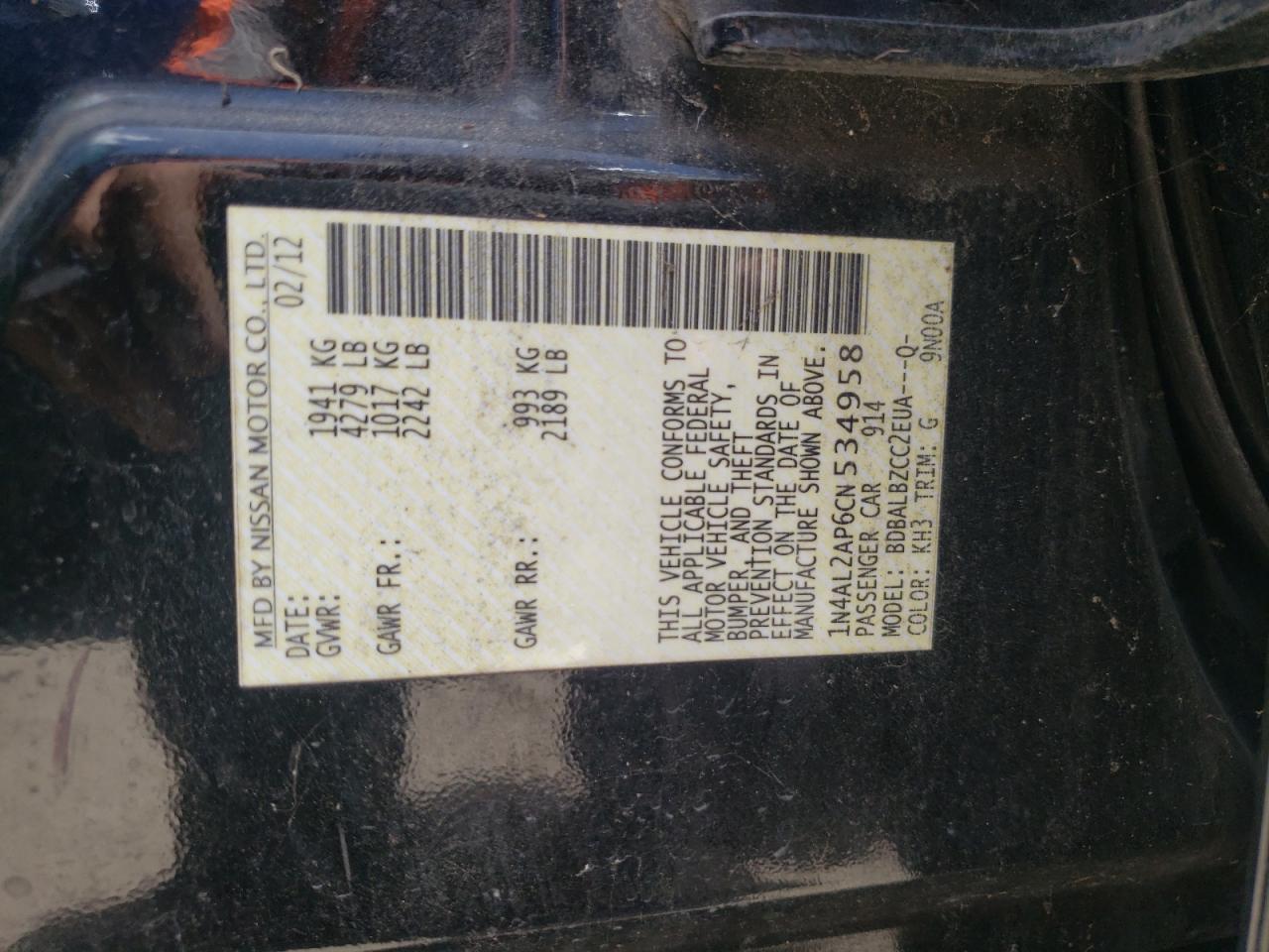 Photo 10 from auction – 2012 NISSAN ALTIMA BAS with VIN 1N4AL2AP6CN534958