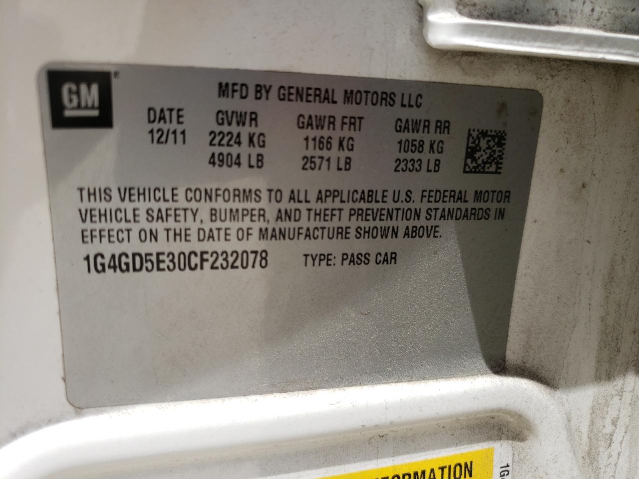 Photo 10 from auction – 2012 BUICK LACROSSE P with VIN 1G4GD5E30CF232078