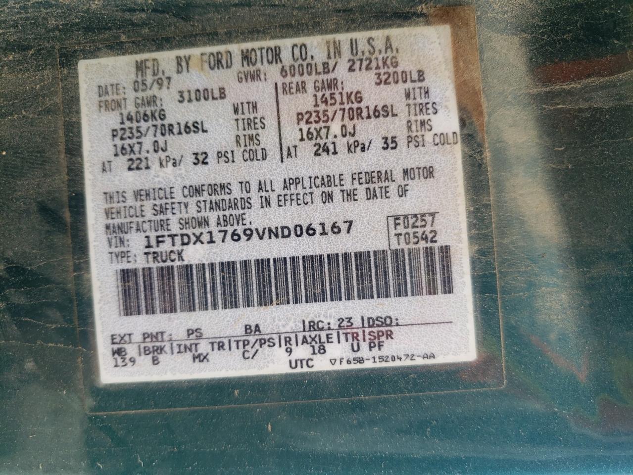 Photo 10 from auction – 1997 FORD F150 with VIN 1FTDX1769VND06167