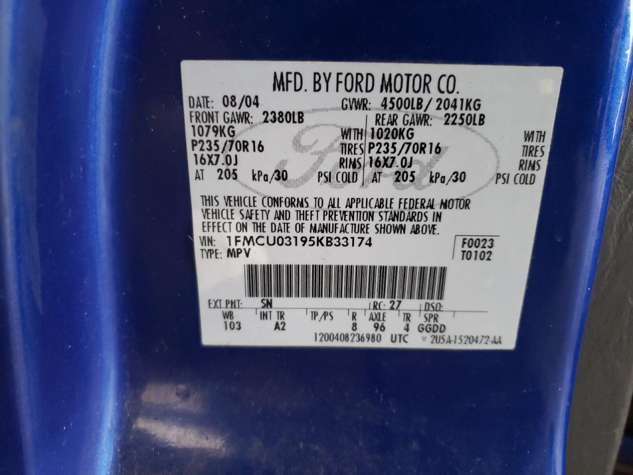 Photo 10 from auction – 2005 FORD ESCAPE XLT with VIN 1FMCU03195KB33174