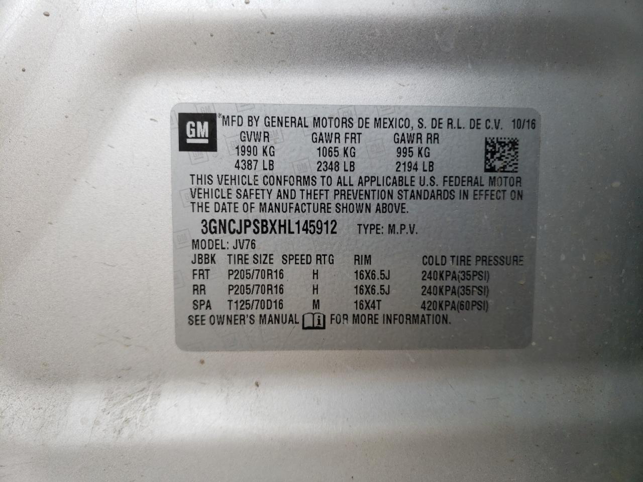 Photo 10 from auction – 2017 CHEVROLET TRAX 1LT with VIN 3GNCJPSBXHL145912