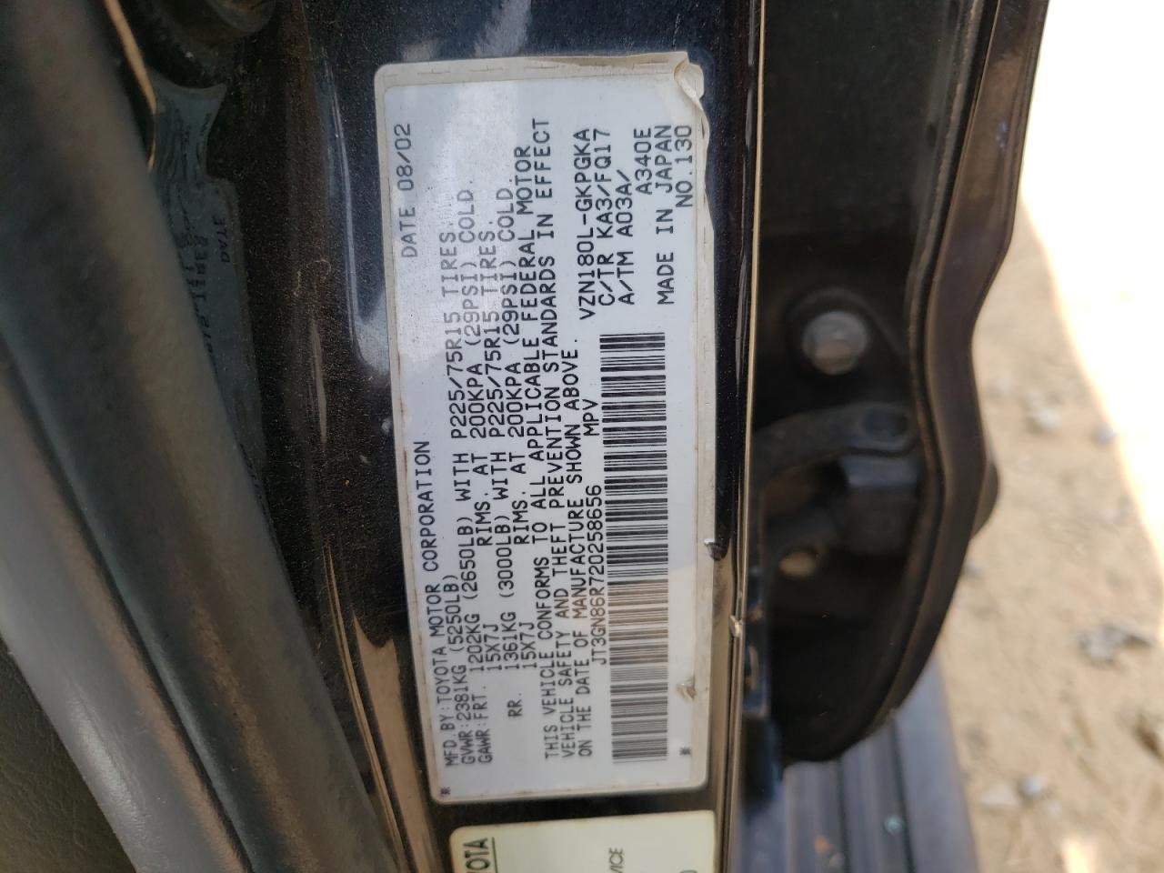 Photo 10 from auction – 2002 TOYOTA 4RUNNER SR with VIN JT3GN86R720258656